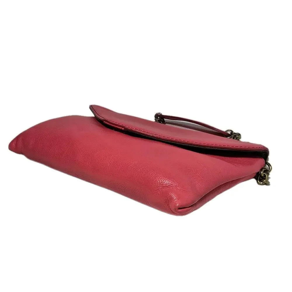 J. Crew Hot Pink Leather Invitation Bag Clutch Envelope Shoulder Purse w/Chain